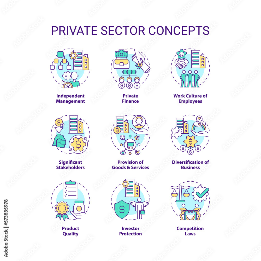 Private sector concept icons set. Business and property ownership