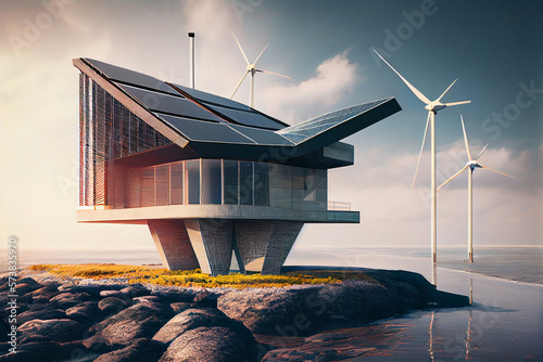 Sustainable eco friendly home design. Modern architecture of home with renowable energy source. Generative Ai photo