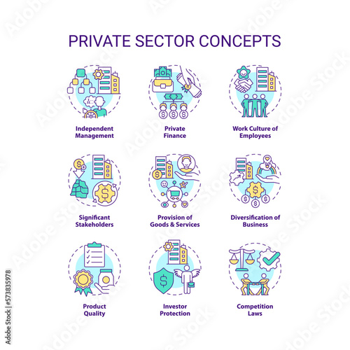 Private sector concept icons set. Business and property ownership. Economics industry idea thin line color illustrations. Isolated symbols. Editable stroke. Roboto-Medium, Myriad Pro-Bold fonts used