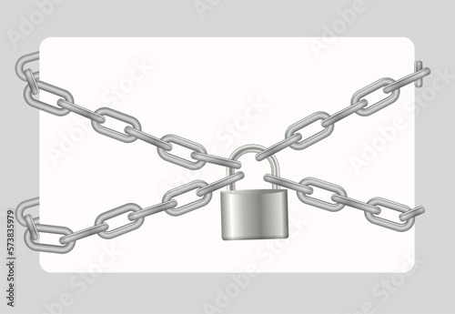Padlock and chain. Gray metal chain and padlock, handcuffed card, vector