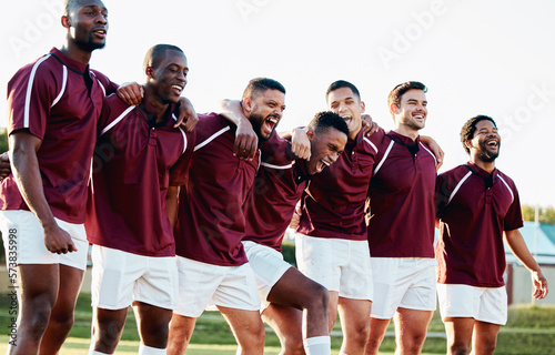 Rugby, funny or crazy team with motivation, solidarity or support ready for a match or sports training. Happy men, fitness or group of healthy male athletes joke before a game on a grass stadium