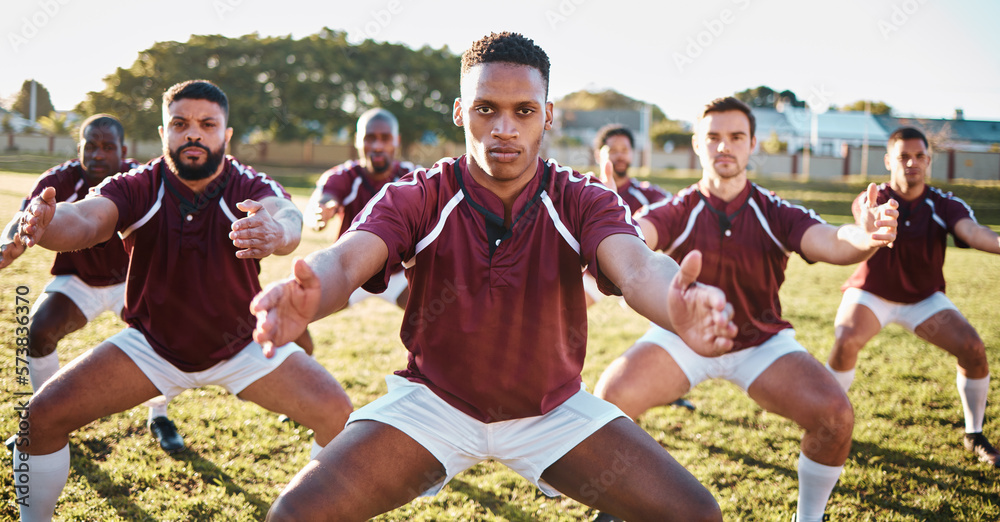 Rugby, haka or team with motivation, solidarity or support in a battle cry, war dance or challenge with unity. Performance, fitness group or athletes dancing before a game or match on a grass stadium