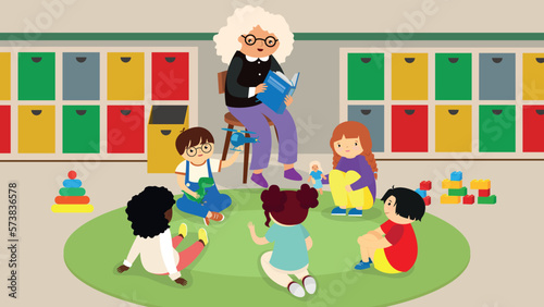 Grandmother reading a book to her grandchildren in the kindergarten. Vector illustration