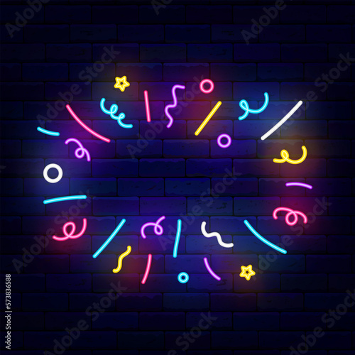 Confetti neon frame on brick wall. Award concept. Copy space for text. Birthday, party and bonus. Vector illustration