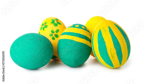 Painted Easter eggs on white background