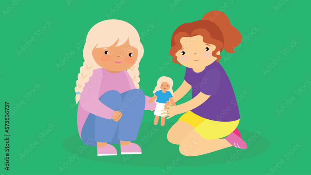 Mother and daughter playing with a doll. Vector illustration in flat style Mother and daughter playing with a doll. Vector illustration in flat style