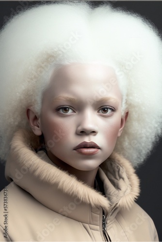 Artistic portrait of young albino girl of African American ethnicity looking at camera, generative AI photo