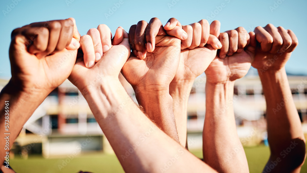 © Anela R/peopleimages.com - Fist hands, sport community and hand closeup of exercise team together on a outdoor field. Sports support, workout and fitness friends ready for a athlete competition with solidarity and teamwork © Anela R/peopleimages.com - Fist hands, sport community and hand closeup of exercise team together on a outdoor field. Sports support, workout and fitness friends ready for a athlete competition with solidarity and teamwork