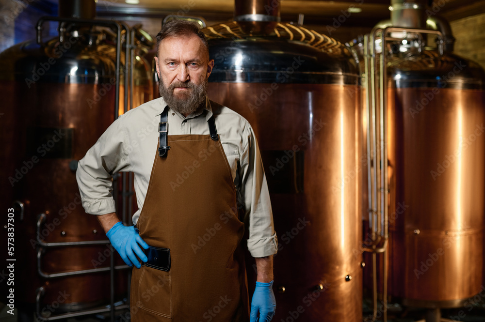 Portrait of brewery owner wearing apron with arms crossed Portrait of brewery owner wearing apron with arms crossed