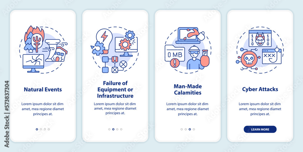 Naklejka premium What is disaster onboarding mobile app screen. Failures walkthrough 4 steps editable graphic instructions with linear concepts. UI, UX, GUI template. Myriad Pro-Bold, Regular fonts used