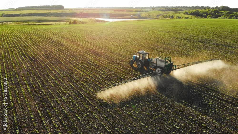 Aerial footage. Pesticide Sprayer Tractor working on a large green field at sunset. Aerial shot following on the side a tractor spraying wheat field against diseases. Farmer spraying soybean fields.