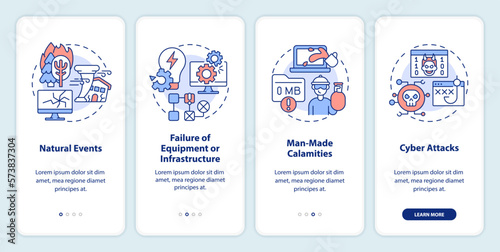 What is disaster onboarding mobile app screen. Failures walkthrough 4 steps editable graphic instructions with linear concepts. UI, UX, GUI template. Myriad Pro-Bold, Regular fonts used