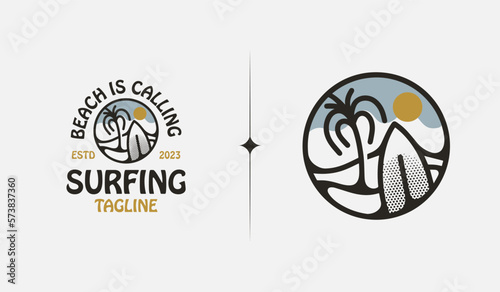 Surfing Beach monoline. Universal creative premium symbol. Vector sign icon logo template. Vector illustration