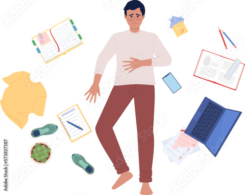 Depressed young man lying on messy floor semi flat color vector character. Editable figure. Full body person on white. Simple cartoon style spot illustration for web graphic design and animation