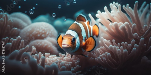 Coral reef with clownfish fish, generative ai photo