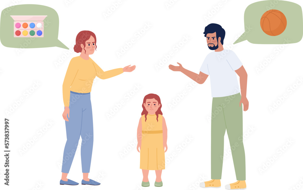 Parents fighting over daughter hobby semi flat color vector characters. Editable figures. Full body people on white. Simple cartoon style spot illustration for web graphic design and animation