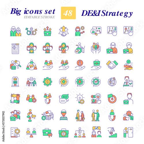 DEI strategy in workplace RGB color icons set. Encourage underrated groups to join company. Inclusive program. Isolated vector illustrations. Simple filled line drawings collection. Editable stroke © bsd studio