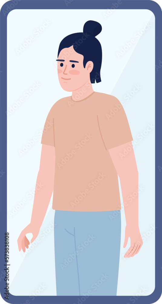 Fototapeta premium Young man on mobile phone screen flat concept vector spot illustration. Editable 2D cartoon character on white for web design. Dating application user creative idea for website, mobile, magazine
