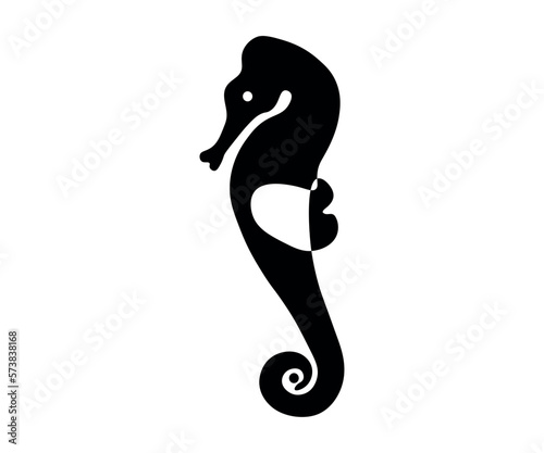 black and white seahorse logo, hand-drawn, continuous monoline, one-line drawing