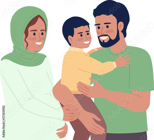 Pregnant mother and father carrying son semi flat color vector characters. Editable figures. Half body people on white. Simple cartoon style spot illustration for web graphic design and animation