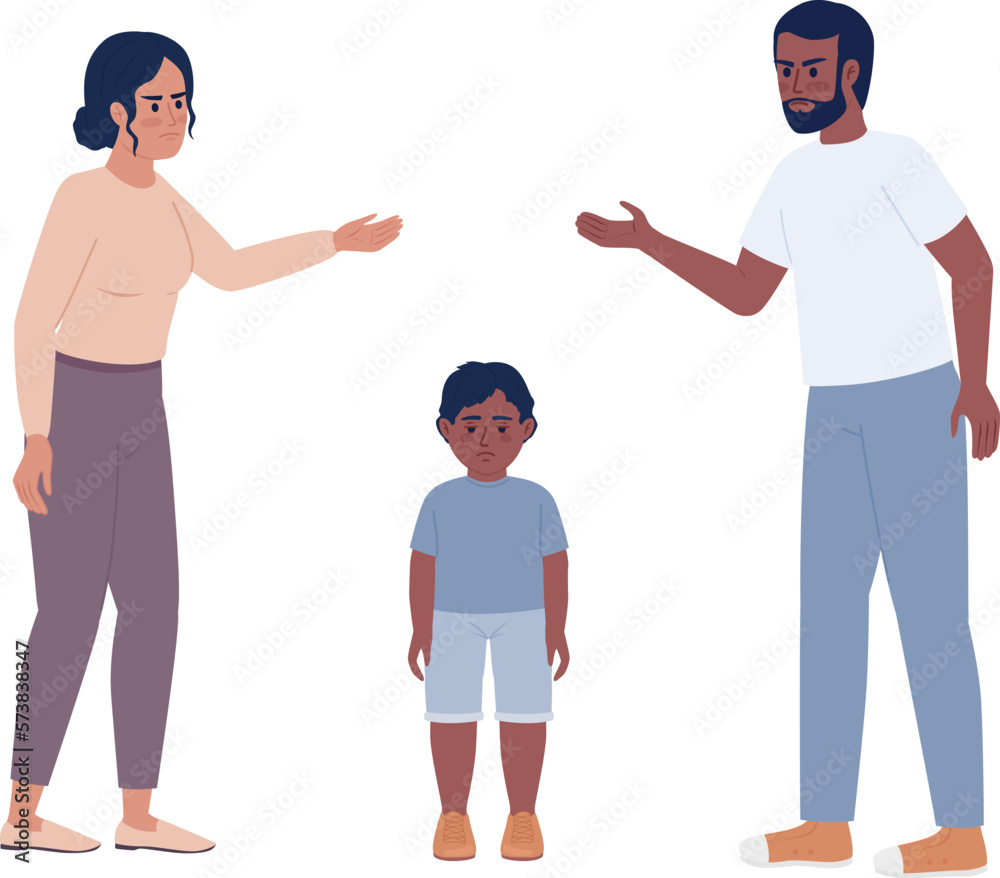 Parental conflict in front of kid semi flat color vector characters. Editable figures. Full body people on white. Simple cartoon style spot illustration for web graphic design and animation Parental conflict in front of kid semi flat color vector characters. Editable figures. Full body people on white. Simple cartoon style spot illustration for web graphic design and animation