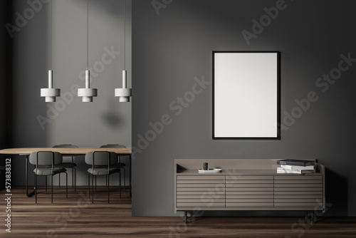 Grey living room interior with table  drawer and decoration. Mockup frame