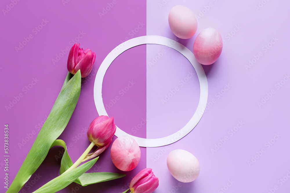 Round frame, Easter eggs and beautiful tulip flowers on purple background Round frame, Easter eggs and beautiful tulip flowers on purple background