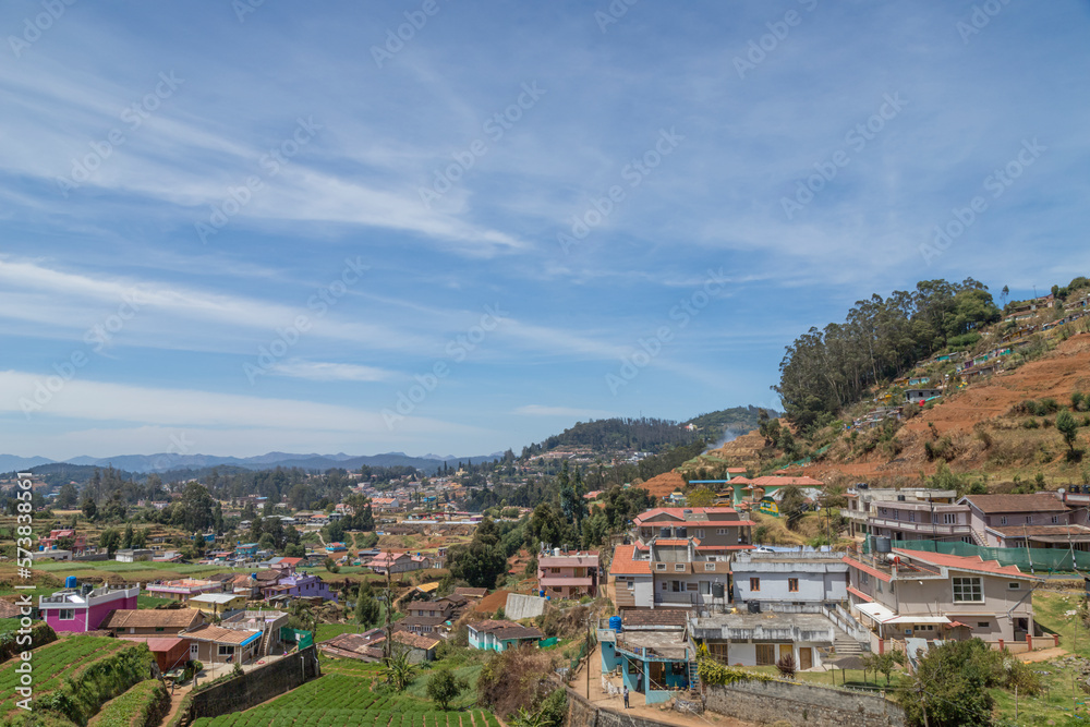 Village in a hill at Nilgiri forest Ooty. Landscape of Ooty Tamil nadu India