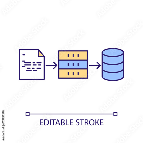 Commit digital files to database RGB color icon. Data storing servers technology. Transmit information to dataset. Isolated vector illustration. Simple filled line drawing. Editable stroke