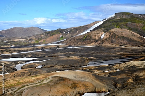 Landmannalaugar  Iceland  Europe. View of the stunning Rainbow mountains in Iceland. A colorful highland tour. Colorful mountains  partially covered with snow. 