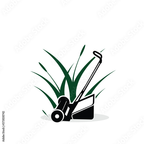 Lawn mower and grass logo design