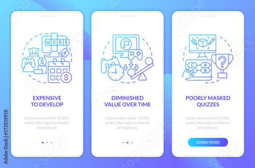 Gamification cons in e learning blue gradient onboarding mobile app screen. Walkthrough 3 steps graphic instructions with linear concepts. UI, UX, GUI template. Myriad Pro-Bold, Regular fonts used
