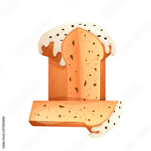 Panettone traditional with slice, Easter cake with glaze and decoration in cartoon style isolated on white background
