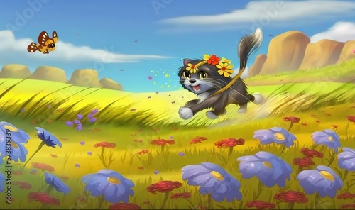  a cat running through a field with a butterfly on its head.  generative ai © Anna