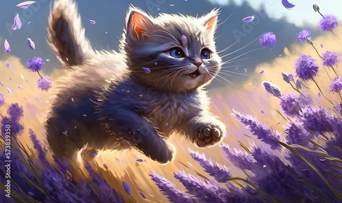  a painting of a kitten running through a field of lavender flowers.  generative ai