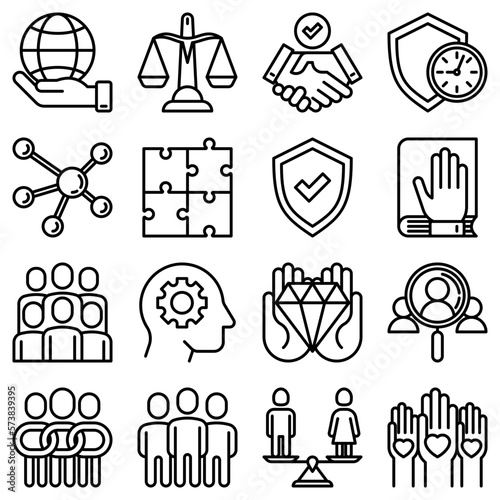 Business ethics thin line icons set: connection, union, trust, honesty, responsibility, justice, commitment, no to racism, recruitment service, teamwork, gender employment. Modern vector illustration.
