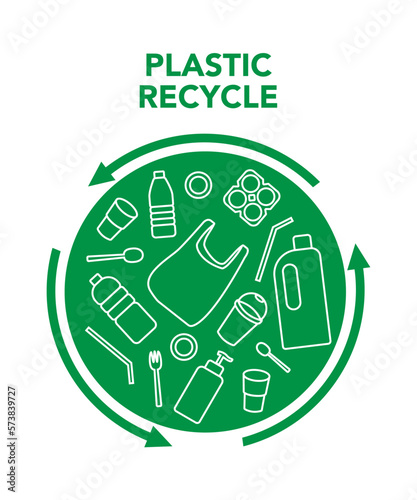 Plastic recycle logo. Plastic objects in circular shape.