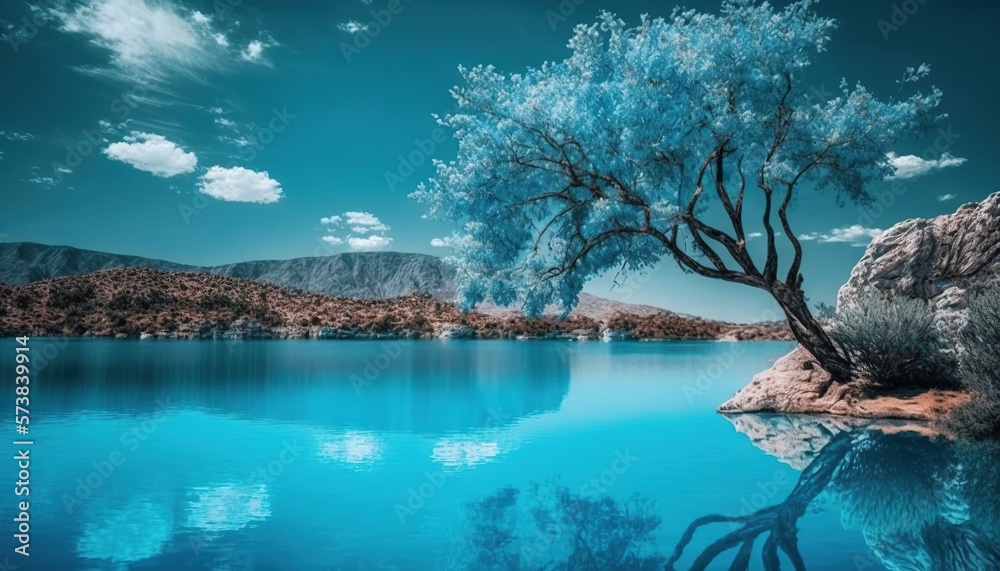  a lone tree is reflected in the still water of a lake.  generative ai