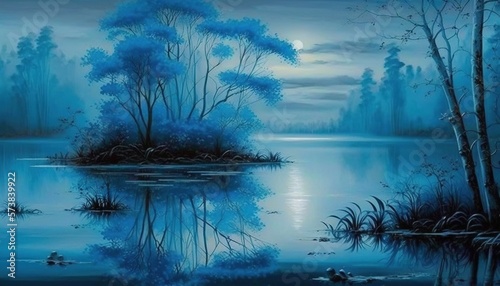  a painting of a lake with trees and a moon in the sky.  generative ai