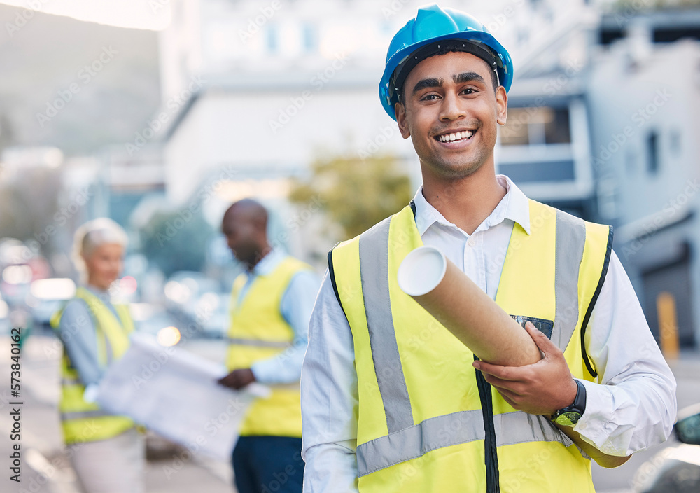 Construction, architect and blueprint with man in portrait, smile and project plan at job site, contractor and happy leader. Mockup space, helmet for safety and architecture in building industry Construction, architect and blueprint with man in portrait, smile and project plan at job site, contractor and happy leader. Mockup space, helmet for safety and architecture in building industry