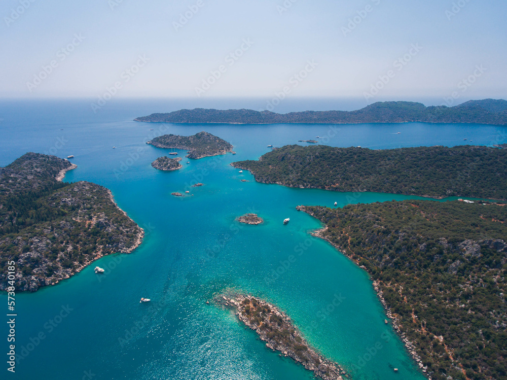 Aerial view of Kekova Bay with beautiful turquoise water.