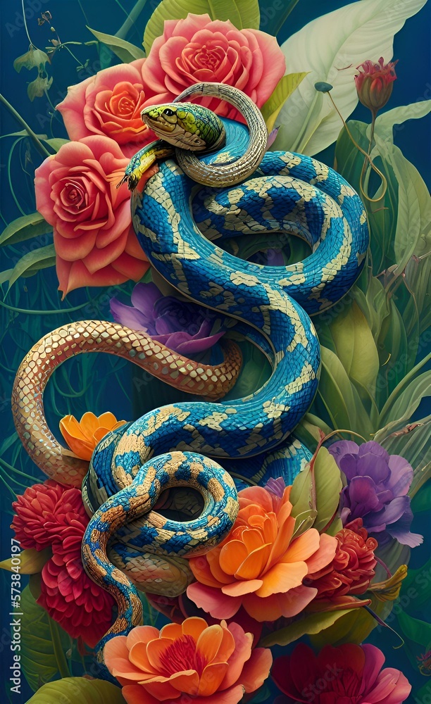 Design with fabulous snakes and flowers. Generated by AI. Bright pattern for printing on fabric, covers, fabric. Fantasy style Design with fabulous snakes and flowers. Generated by AI. Bright pattern for printing on fabric, covers, fabric. Fantasy style