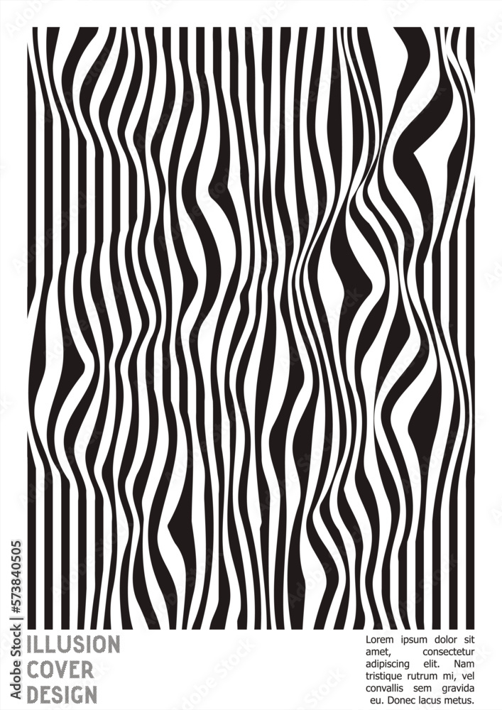 Obraz premium Geometrical Poster Design with Optical Illusion Effect. Minimal Psychedelic Cover Page Collection. Monochrome Wave Lines Background. Fluid Stripes Art. Swiss Design. Vector Illustration for Placard.