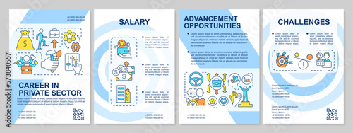 Career opportunities in private sector blue brochure template. Leaflet design with linear icons. Editable 4 vector layouts for presentation, annual reports. Arial, Myriad Pro-Regular fonts used