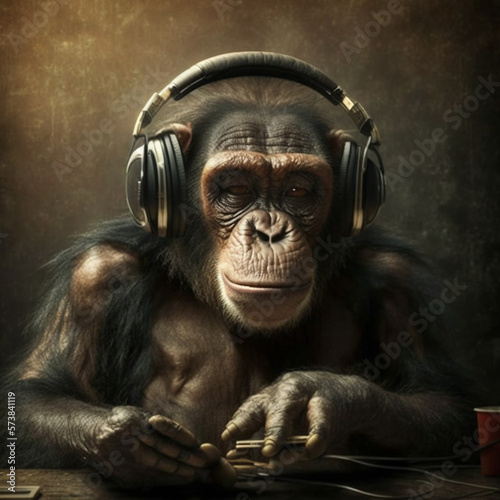 Photo Portrait of a chimpanzee with music headphones. Generative AI.