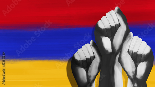 Photos Multiple clenched fists against Armenian flag behind them