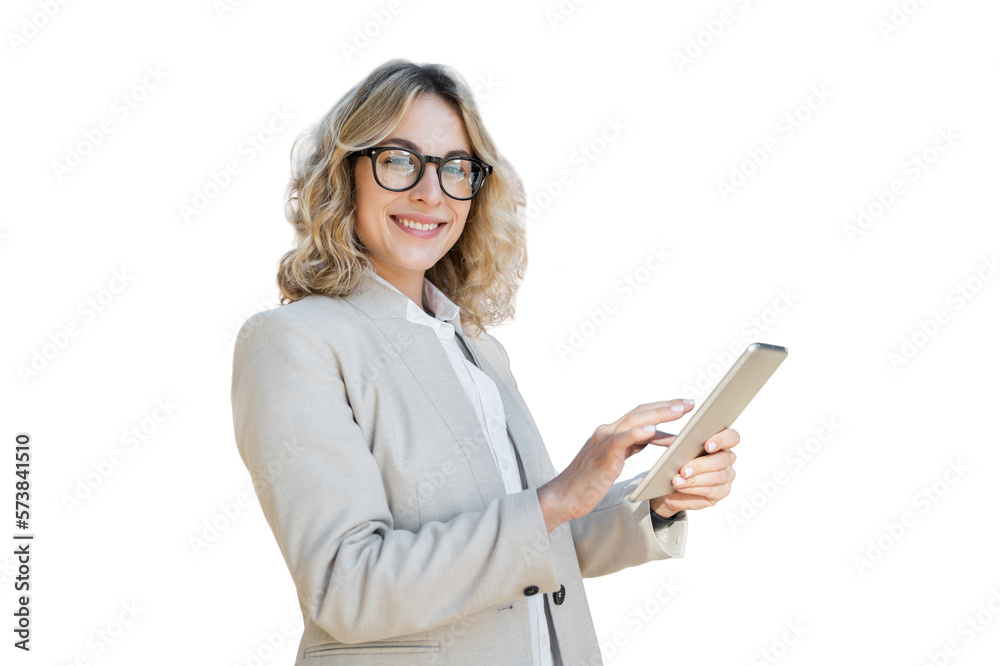 Cheerful woman smiling using a tablet in office clothes isolated transparent background, png.