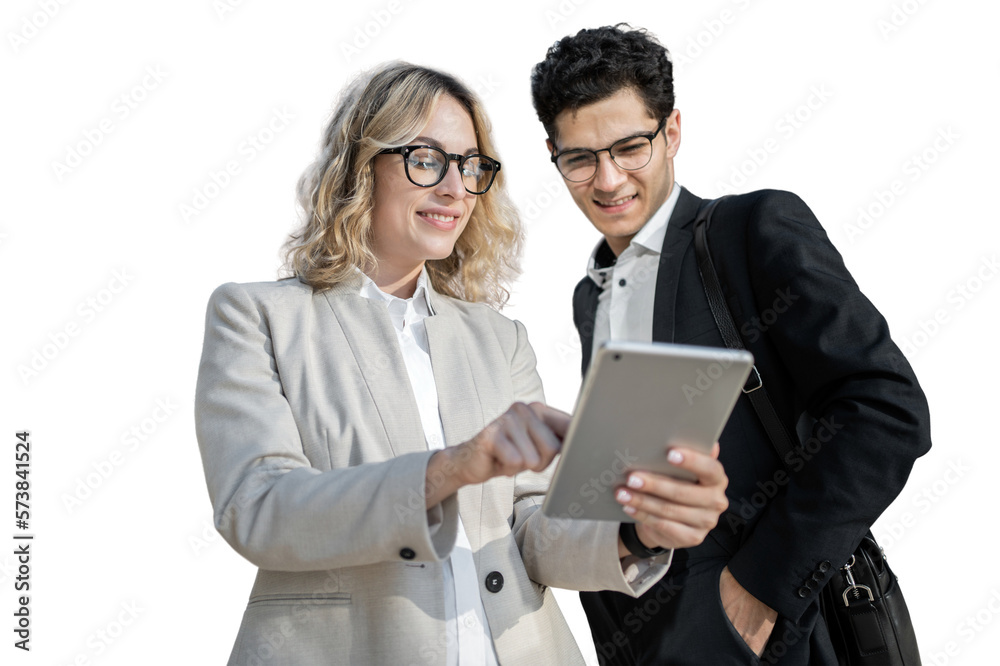 Office employees using a laptop in formal attire man and woman isolated transparent background, png. Office employees using a laptop in formal attire man and woman isolated transparent background, png.