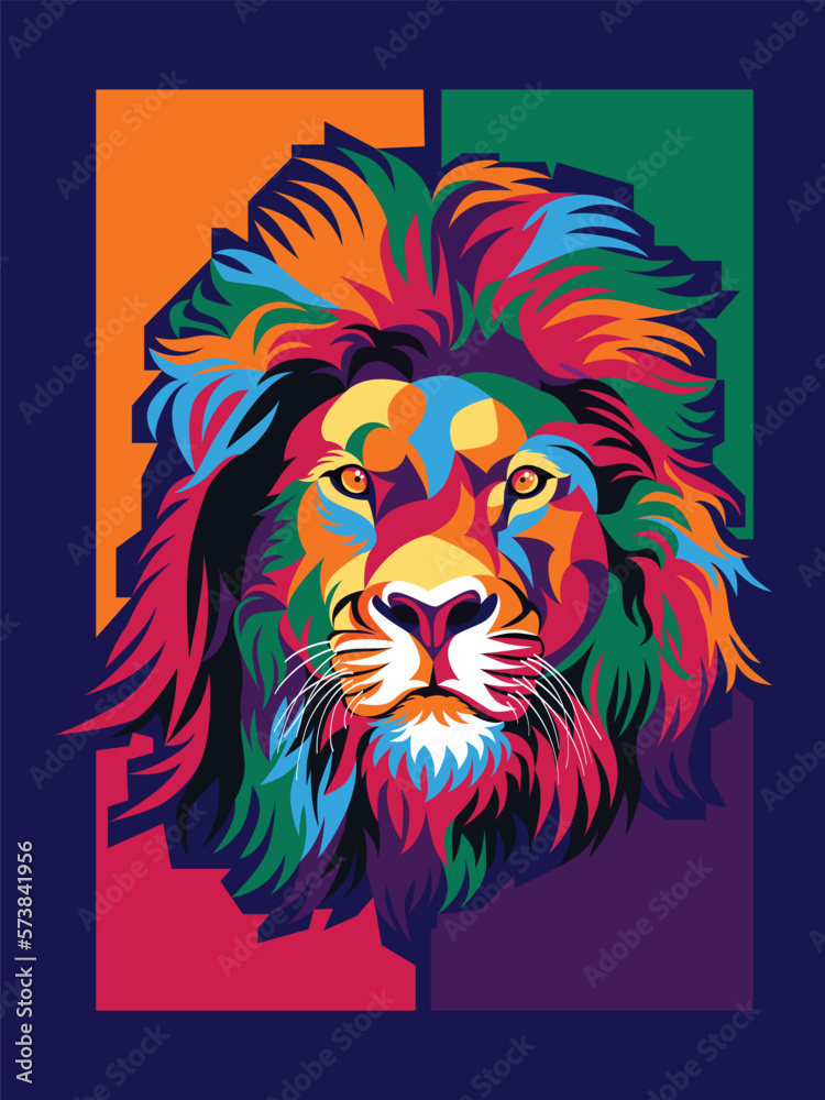 Colorful lion, in modern pop art style, dark blue background.