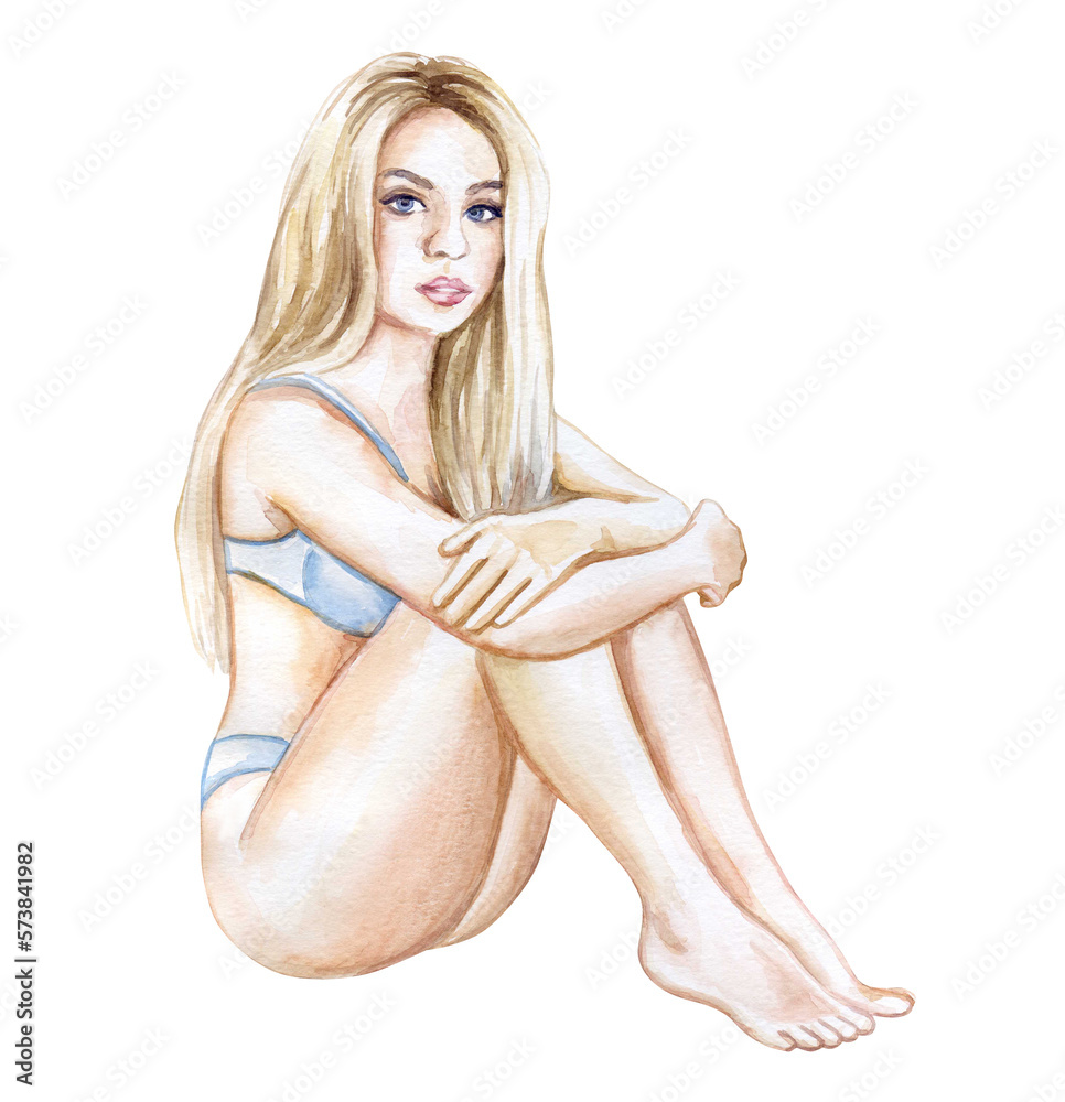 Naklejka premium blonde girl in a blue swimsuit sitting on the beach isolated on white background. Watercolor illustration. Concept, beauty, women's health, relaxation